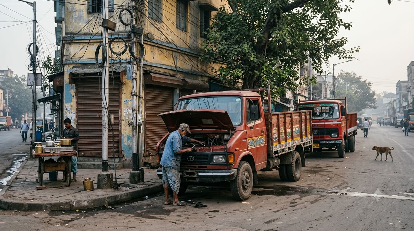 A mechanic working on an aged red cargo truck parked outside an old transport office on a Kolkata street at dawn, a chai cart and a second truck nearby.